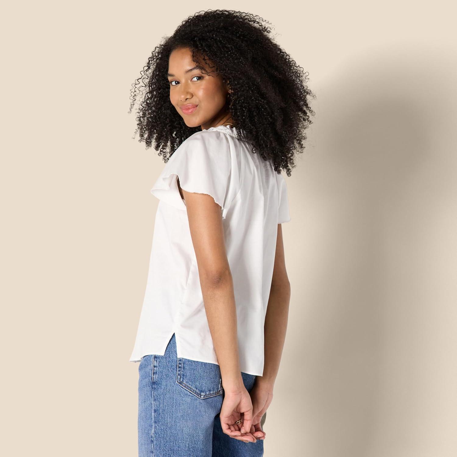 imageAmazon Essentials Womens RelaxedFit Cotton Sateen Flutter Sleeve BlouseWhite