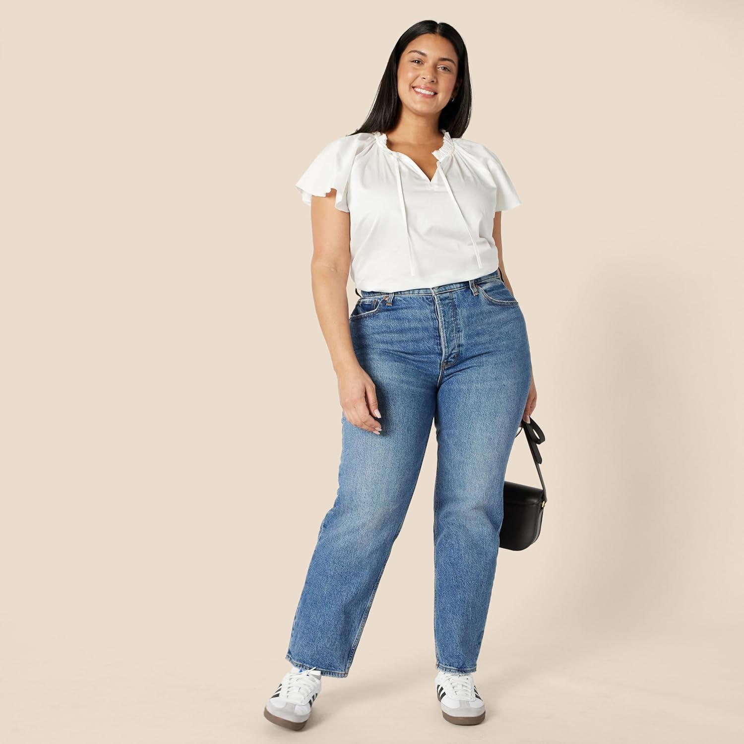 imageAmazon Essentials Womens RelaxedFit Cotton Sateen Flutter Sleeve BlouseWhite