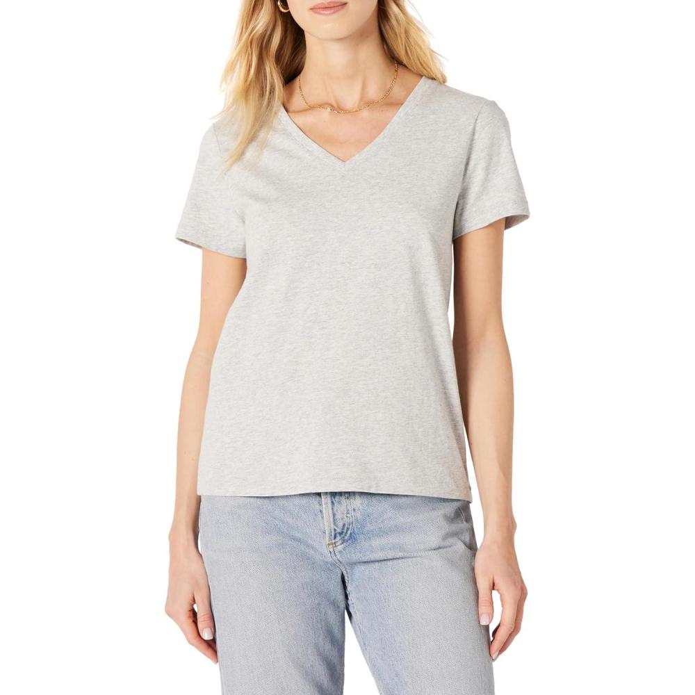 imageAmazon Essentials Womens Regular Fit 100 Cotton VNeck Short Sleeve TShirtLight Grey Heather