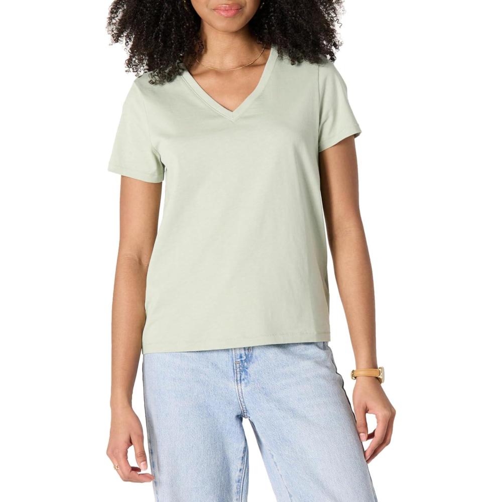 imageAmazon Essentials Womens Regular Fit 100 Cotton VNeck Short Sleeve TShirtSage Green