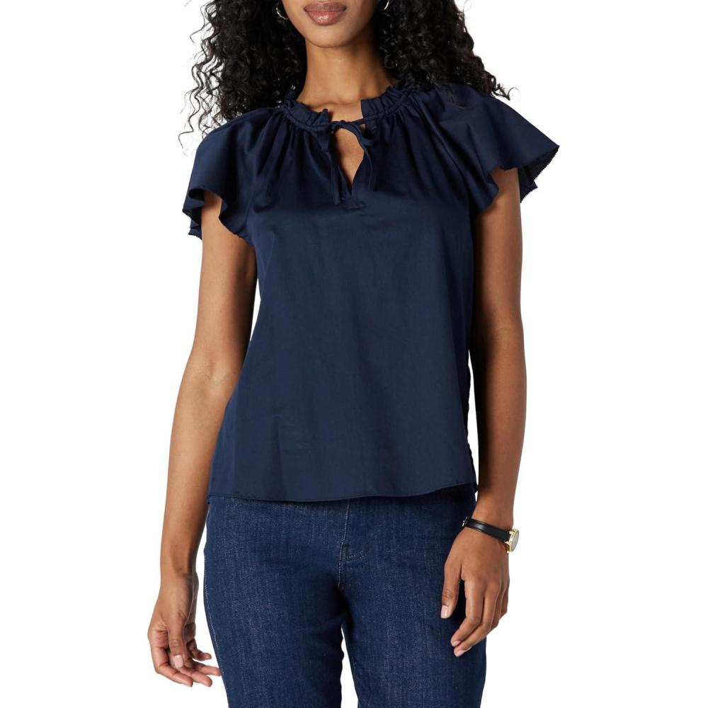 imageAmazon Essentials Womens RelaxedFit Cotton Sateen Flutter Sleeve BlouseNavy