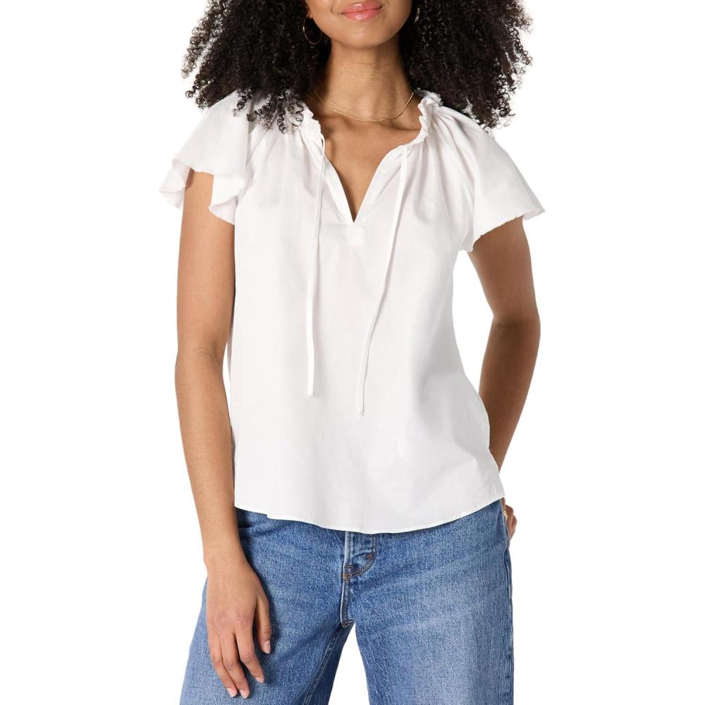 imageAmazon Essentials Womens RelaxedFit Cotton Sateen Flutter Sleeve BlouseWhite