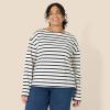 imageAmazon Essentials Womens 100 Cotton Heavyweight LongSleeve Boatneck TopEggshell White Navy Mariner Stripe