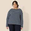imageAmazon Essentials Womens 100 Cotton Heavyweight LongSleeve Boatneck TopNavy Eggshell White Mariner Stripe