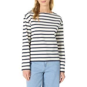 imageAmazon Essentials Womens 100 Cotton Heavyweight LongSleeve Boatneck TopEggshell White Navy Mariner Stripe