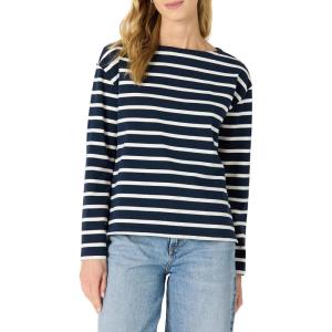 imageAmazon Essentials Womens 100 Cotton Heavyweight LongSleeve Boatneck TopNavy Eggshell White Mariner Stripe