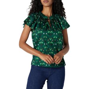 imageAmazon Essentials Womens RelaxedFit Cotton Sateen Flutter Sleeve BlouseDark Green Green Birds