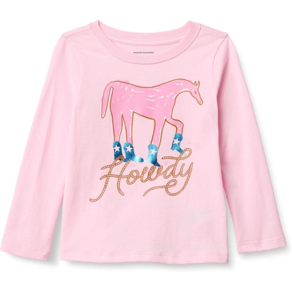 imageAmazon Essentials Girls and Toddlers LongSleeve TShirtsPastel Pink Howdy
