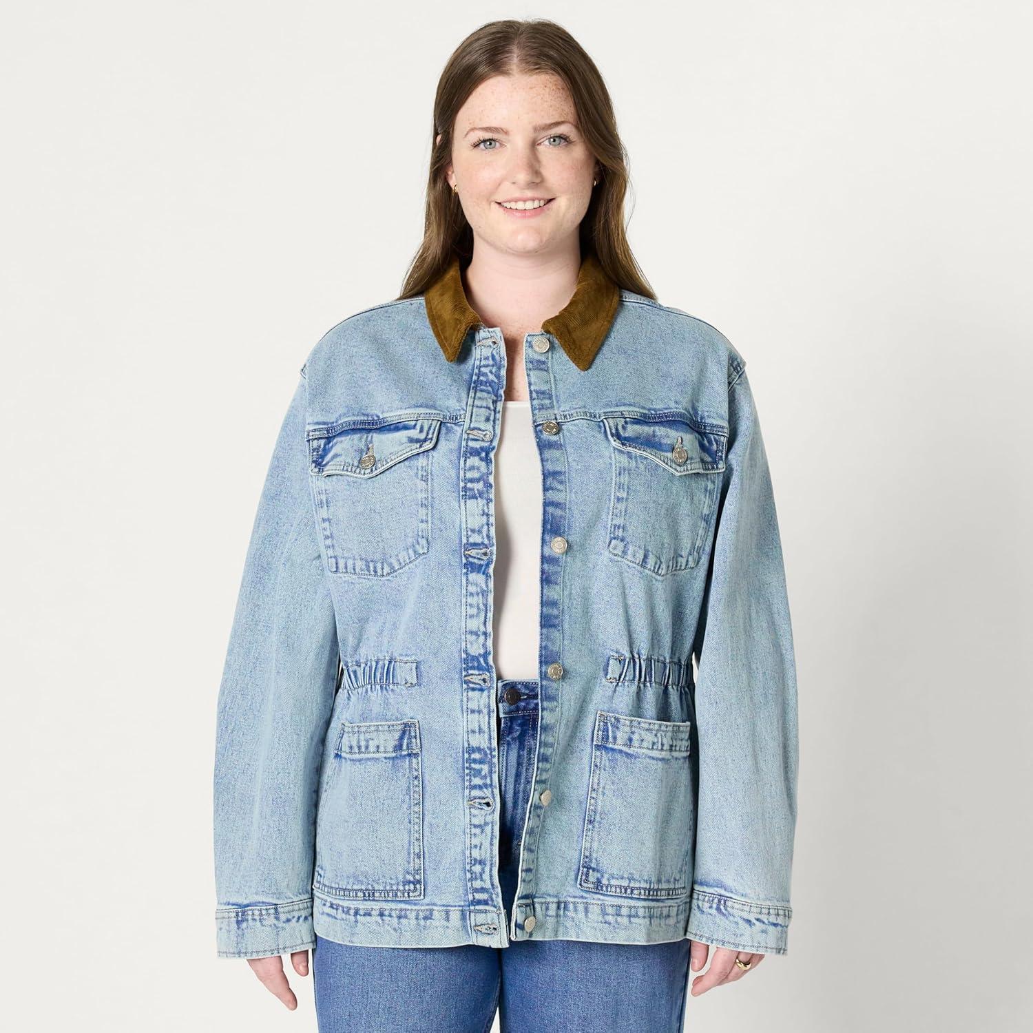 imageAmazon Essentials Womens RegularFit Low Stretch Denim Cinched Waist Barn JacketIced Light Wash