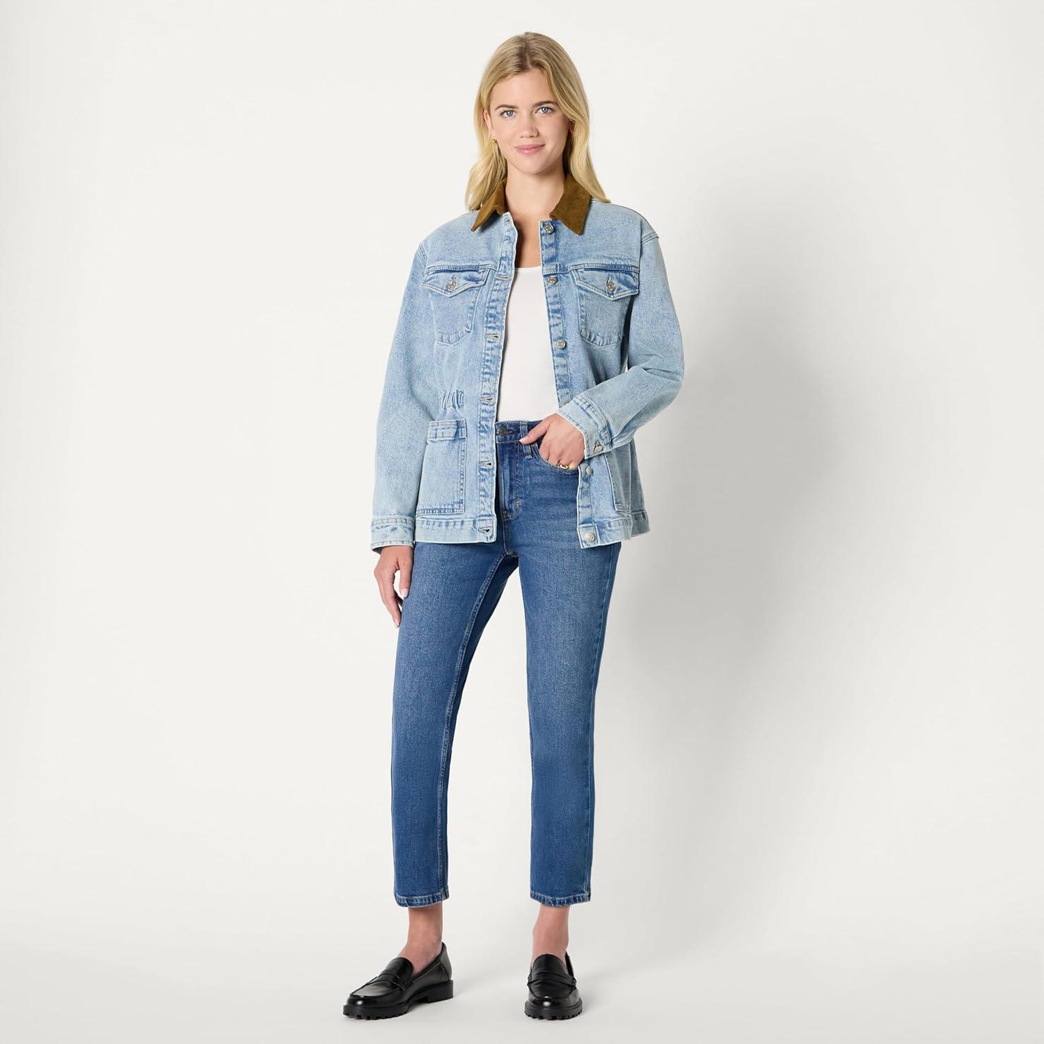 imageAmazon Essentials Womens RegularFit Low Stretch Denim Cinched Waist Barn JacketIced Light Wash