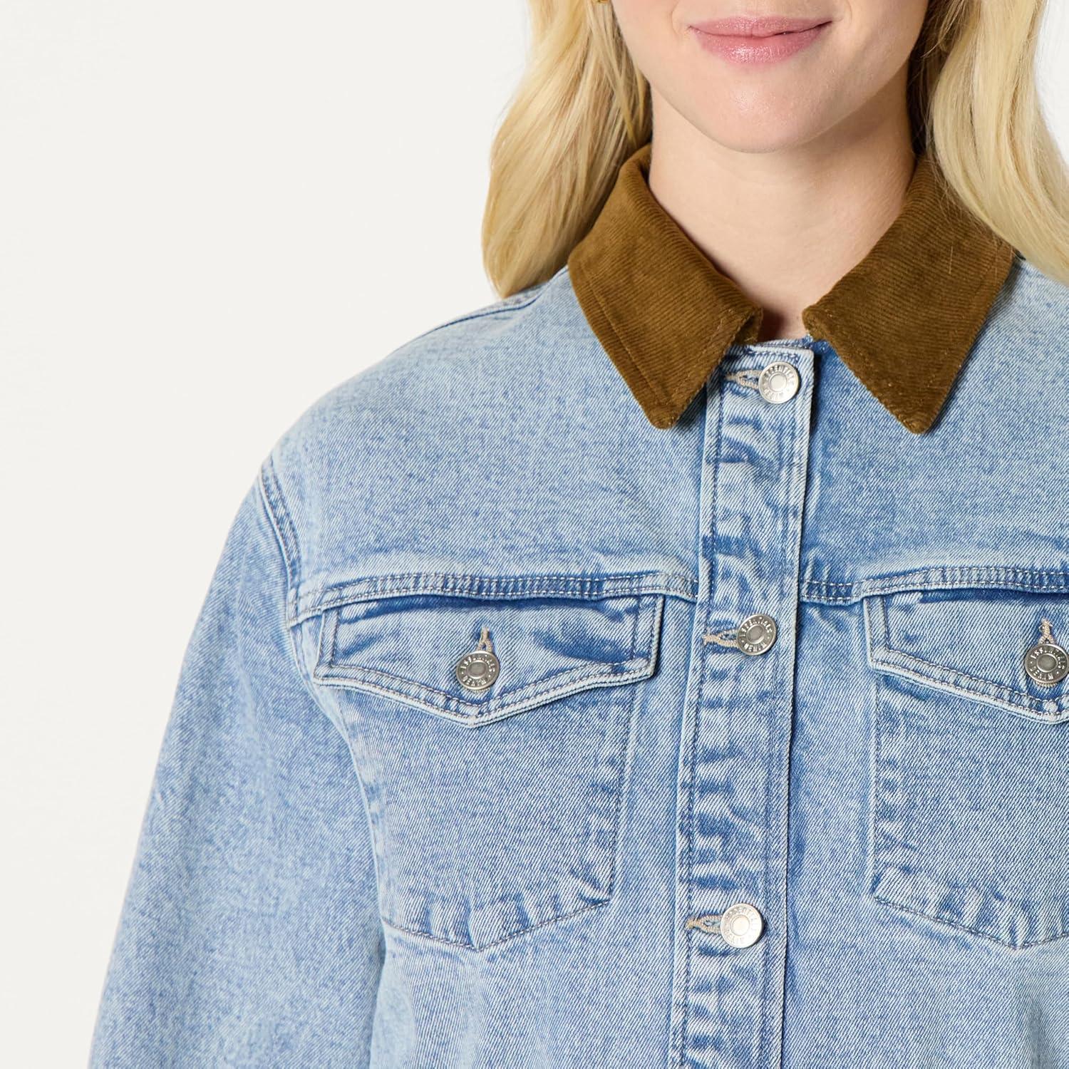 imageAmazon Essentials Womens RegularFit Low Stretch Denim Cinched Waist Barn JacketIced Light Wash