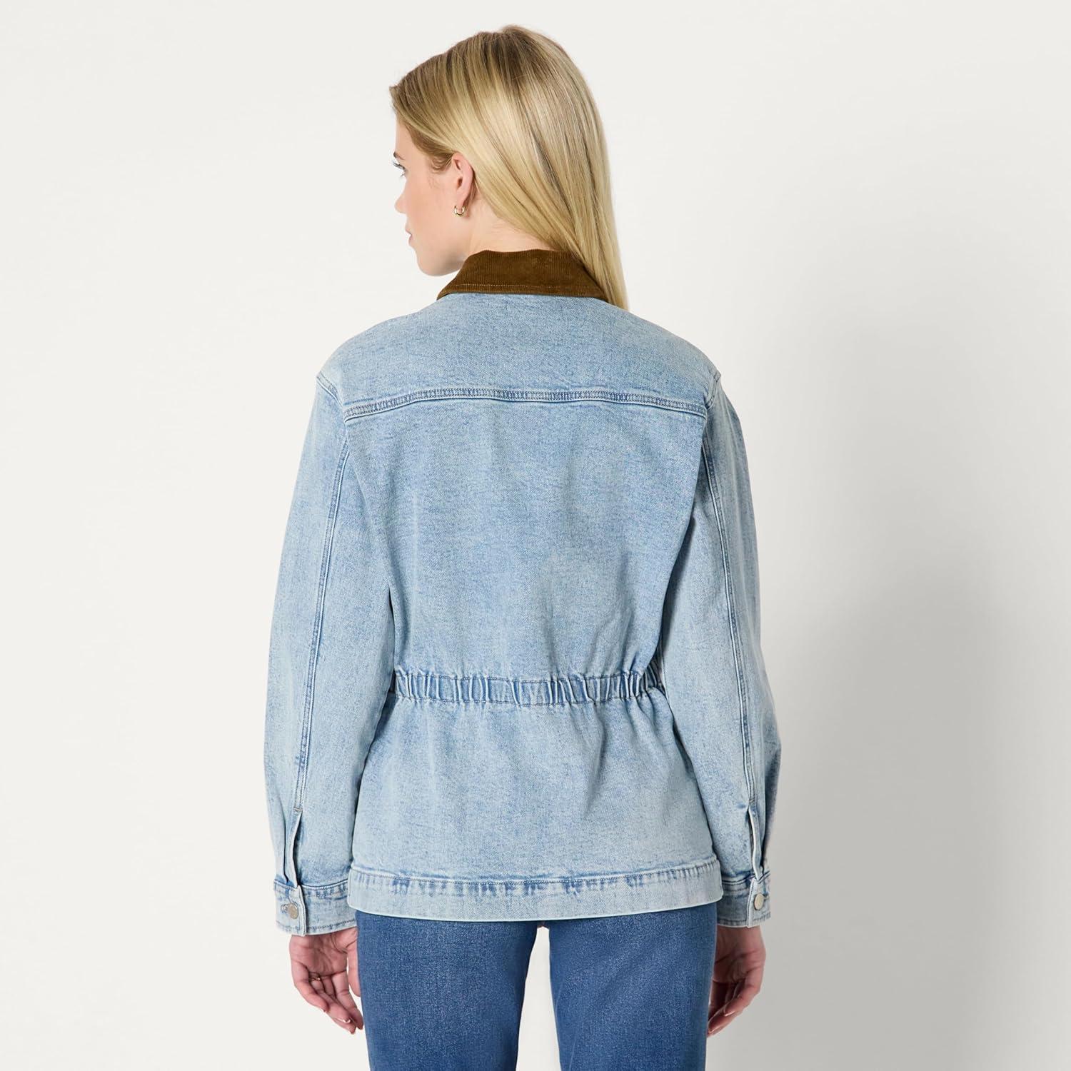 imageAmazon Essentials Womens RegularFit Low Stretch Denim Cinched Waist Barn JacketIced Light Wash