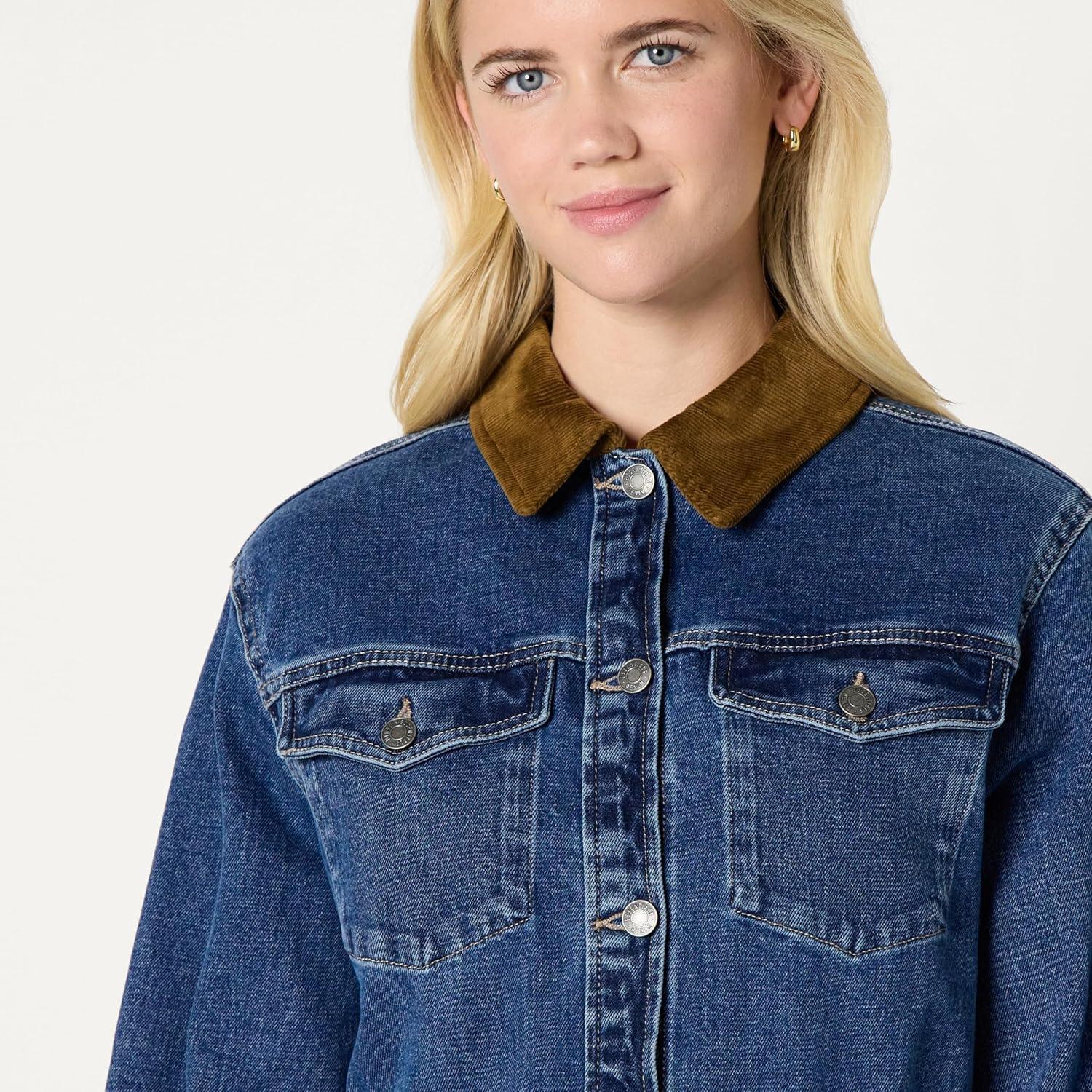 imageAmazon Essentials Womens RegularFit Low Stretch Denim Cinched Waist Barn JacketMedium Blue Vintage