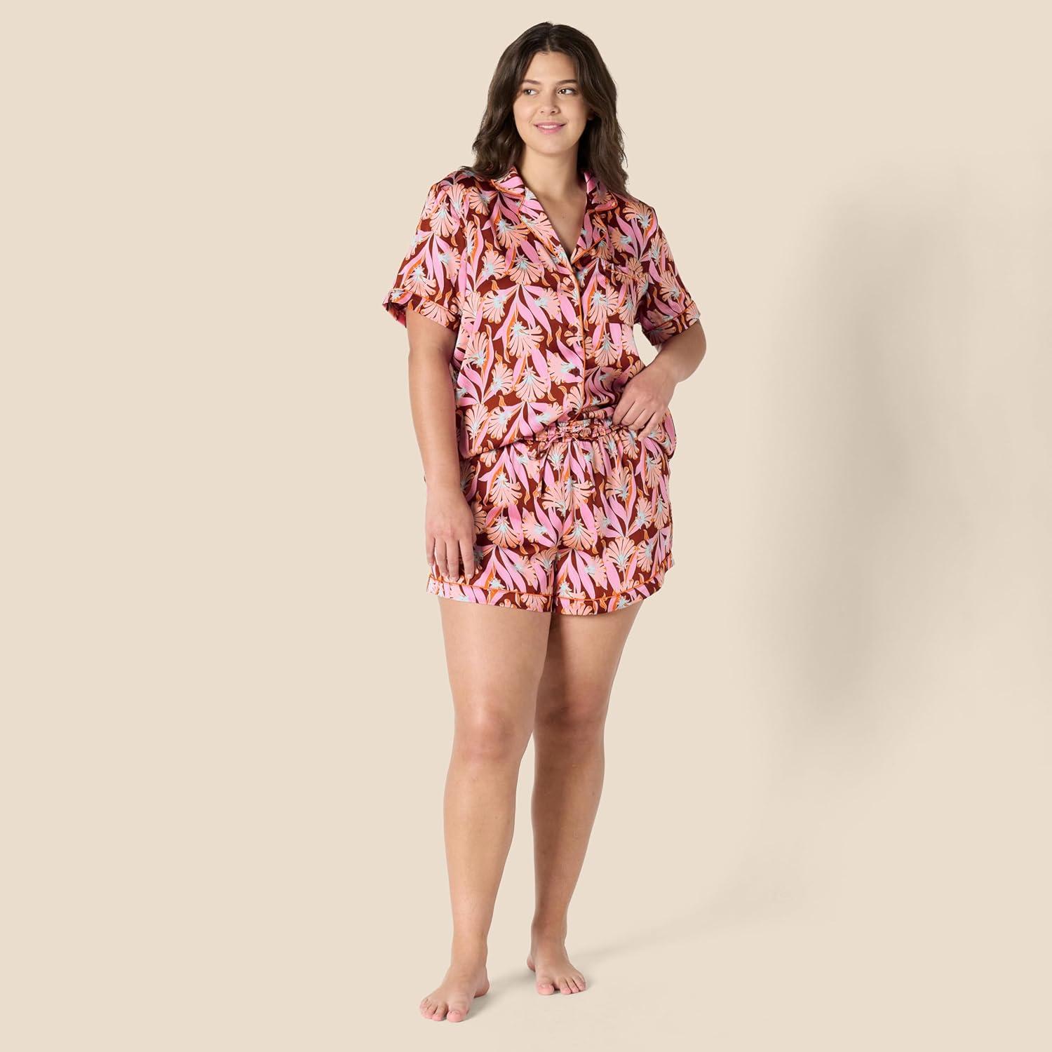 imageAmazon Essentials Womens Satin Short Sleeve ButtonDown Top and Short Sleepwear SetBrick Red Fan Floral