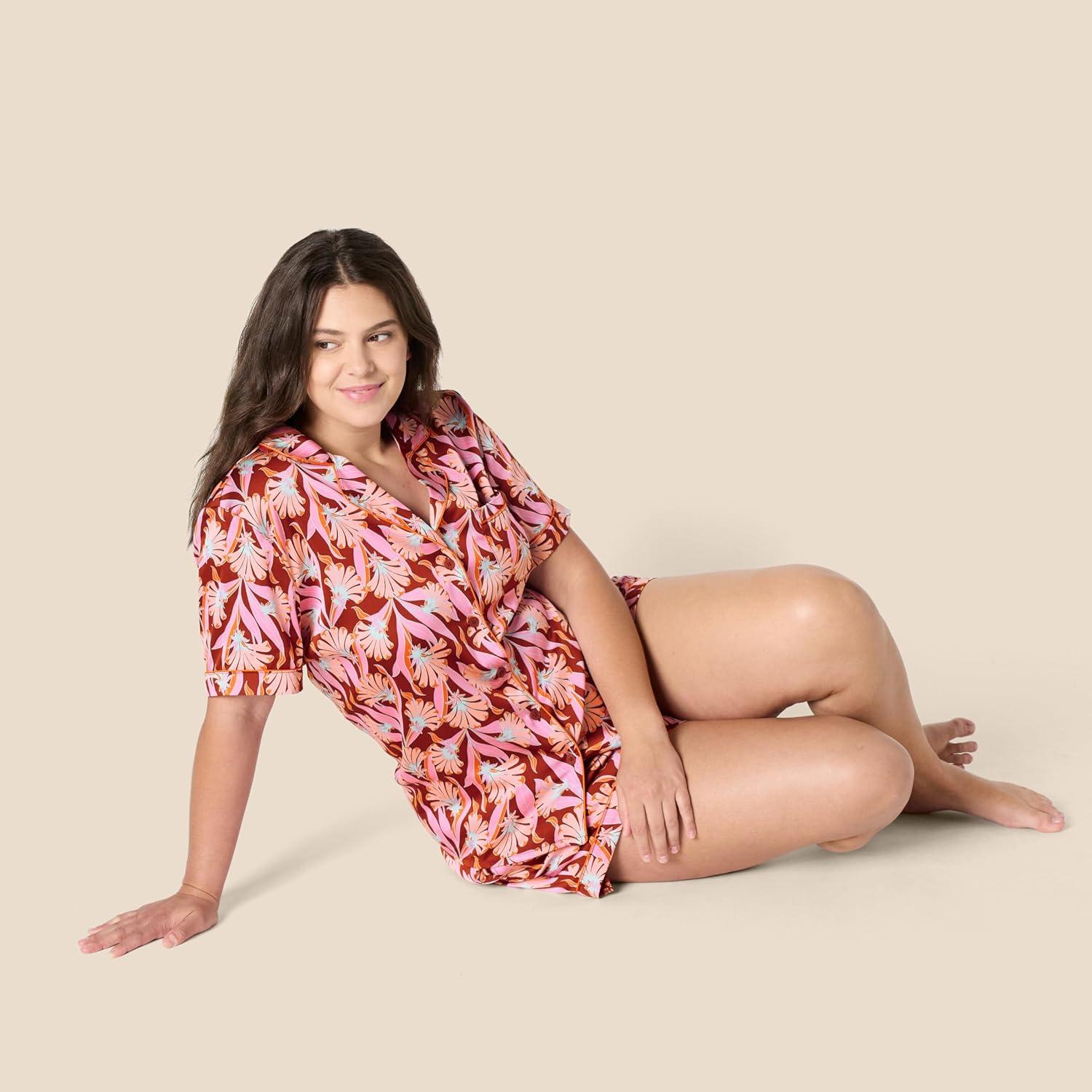 imageAmazon Essentials Womens Satin Short Sleeve ButtonDown Top and Short Sleepwear SetBrick Red Fan Floral