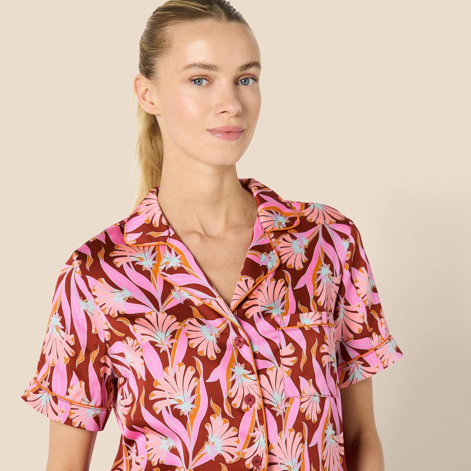 imageAmazon Essentials Womens Satin Short Sleeve ButtonDown Top and Short Sleepwear SetBrick Red Fan Floral