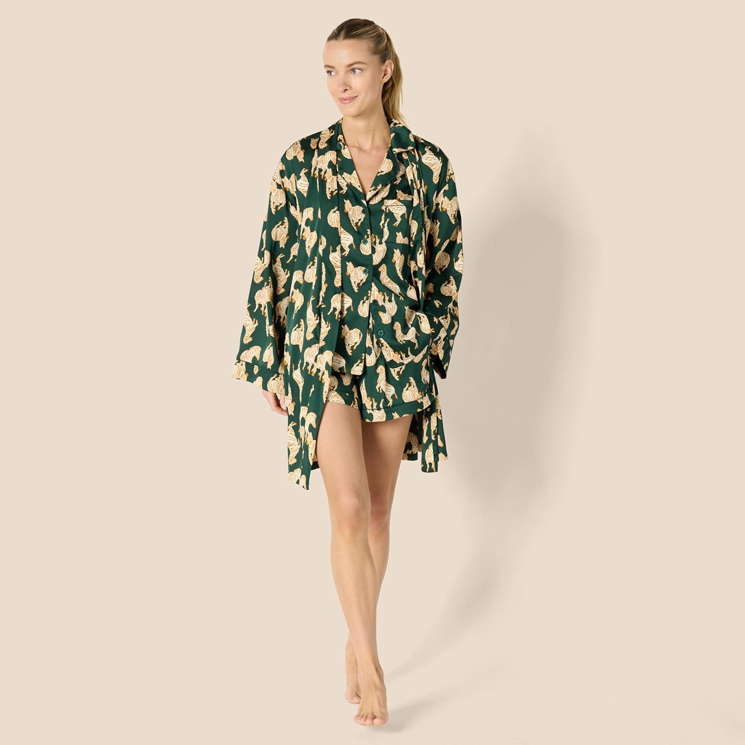 imageAmazon Essentials Womens Satin Short Sleeve ButtonDown Top and Short Sleepwear SetDark Green Beige Zebras