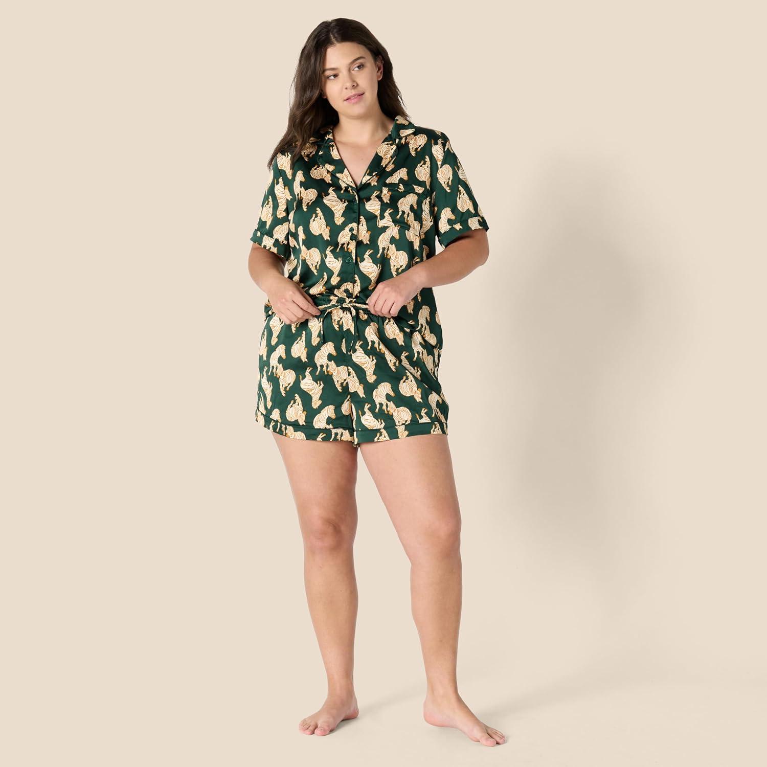 imageAmazon Essentials Womens Satin Short Sleeve ButtonDown Top and Short Sleepwear SetDark Green Beige Zebras