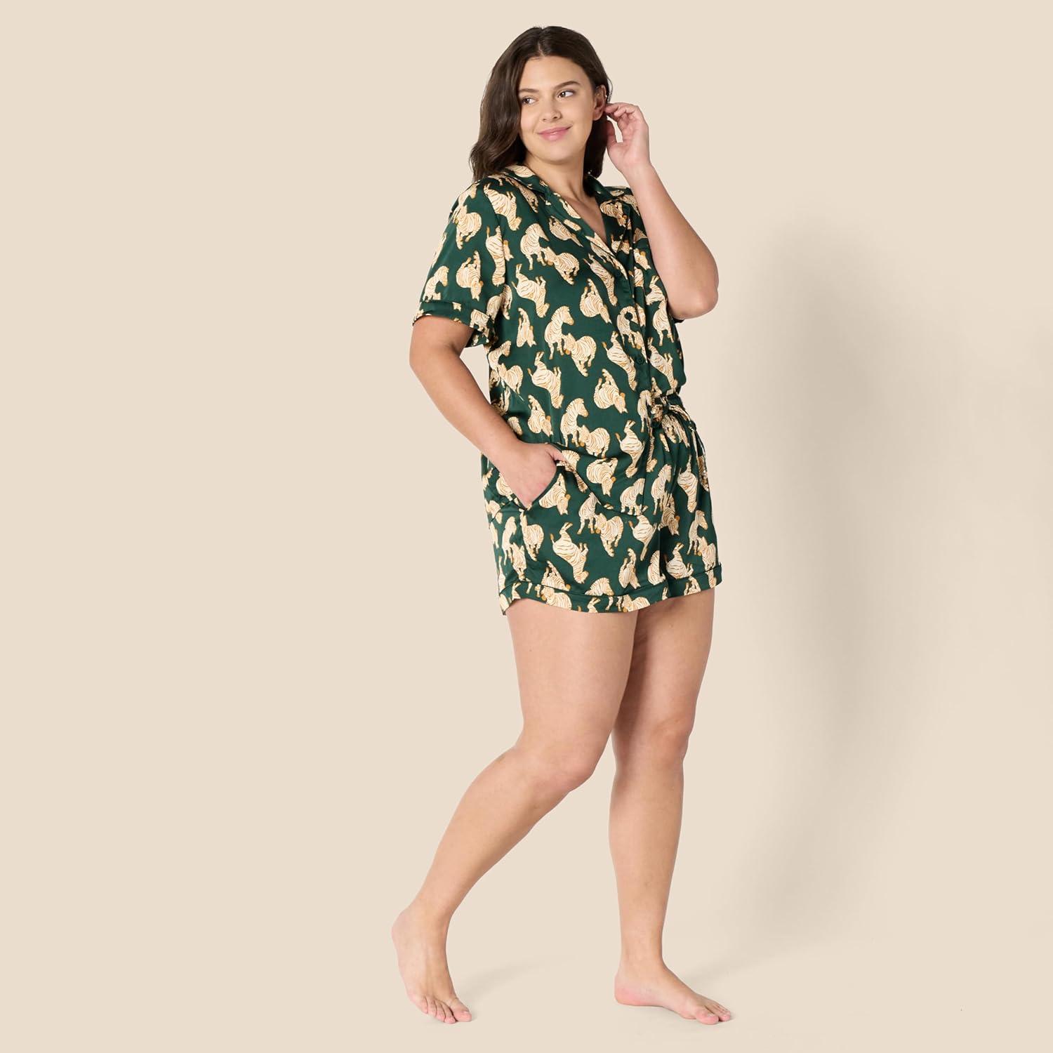 imageAmazon Essentials Womens Satin Short Sleeve ButtonDown Top and Short Sleepwear SetDark Green Beige Zebras