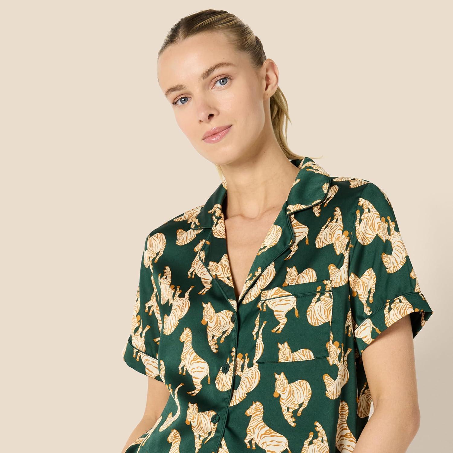 imageAmazon Essentials Womens Satin Short Sleeve ButtonDown Top and Short Sleepwear SetDark Green Beige Zebras