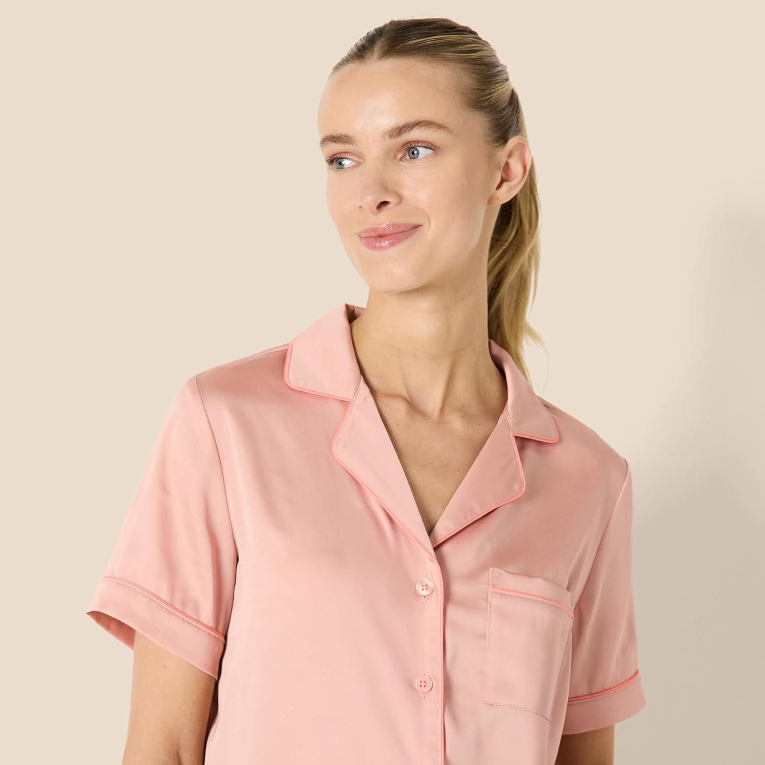 imageAmazon Essentials Womens Satin Short Sleeve ButtonDown Top and Short Sleepwear SetDusty Rose