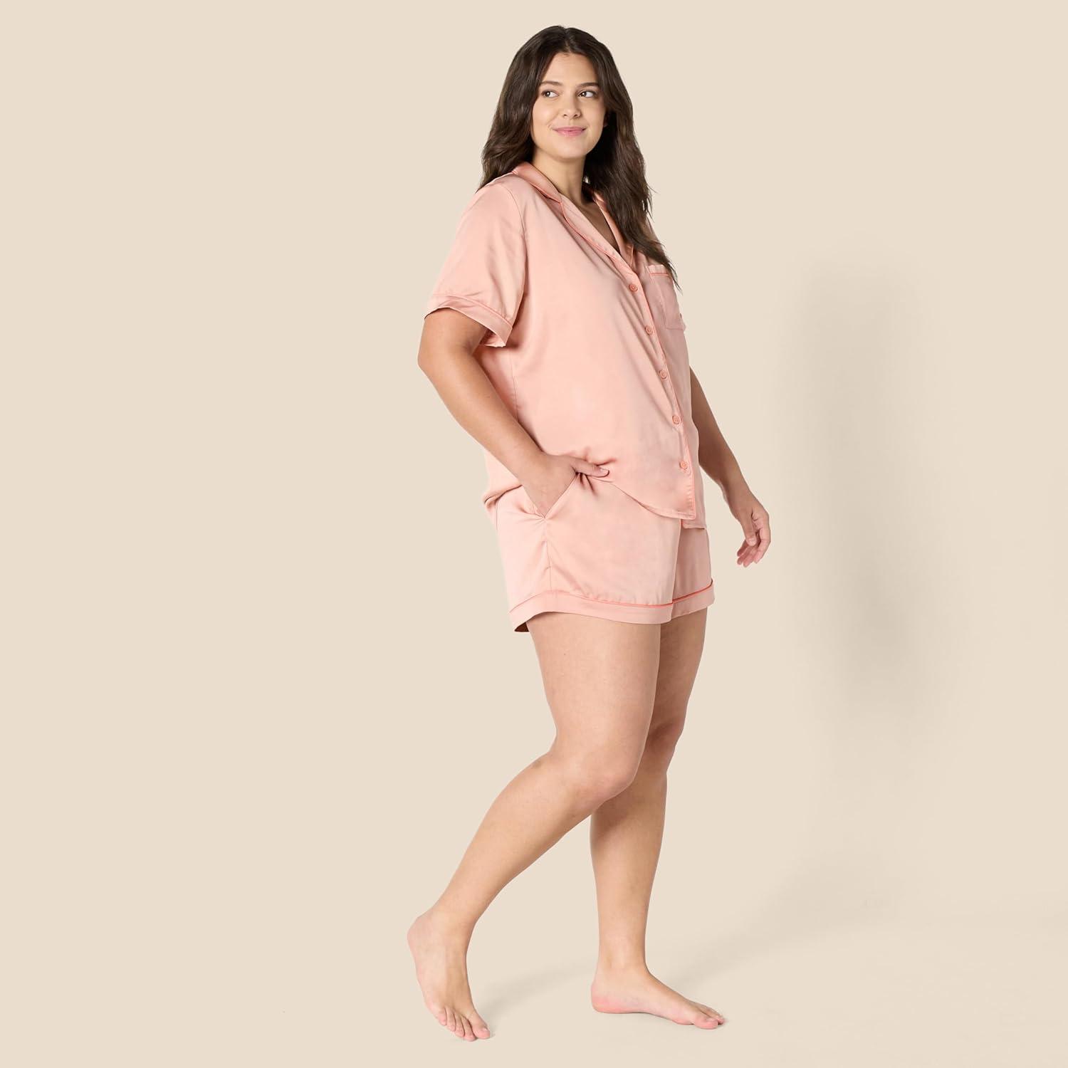 imageAmazon Essentials Womens Satin Short Sleeve ButtonDown Top and Short Sleepwear SetDusty Rose