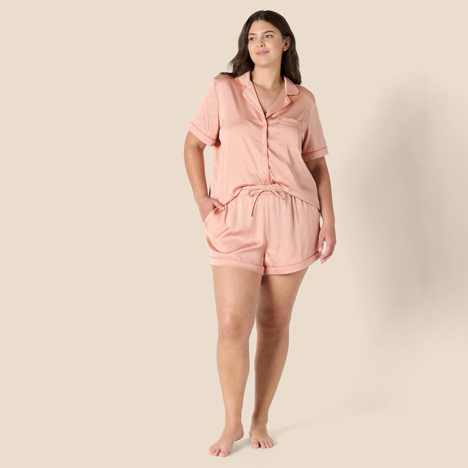 imageAmazon Essentials Womens Satin Short Sleeve ButtonDown Top and Short Sleepwear SetDusty Rose