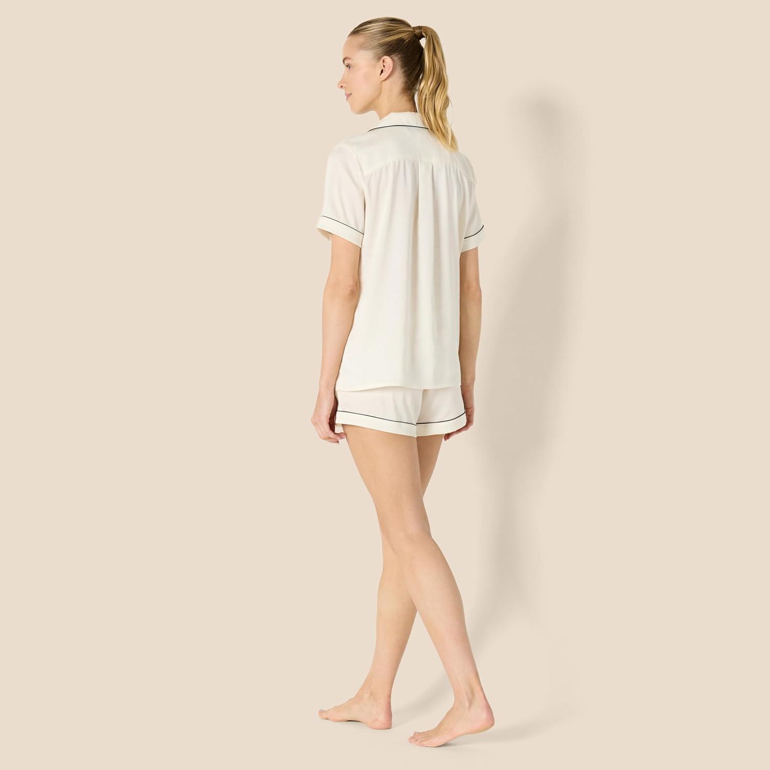 imageAmazon Essentials Womens Satin Short Sleeve ButtonDown Top and Short Sleepwear SetIvory