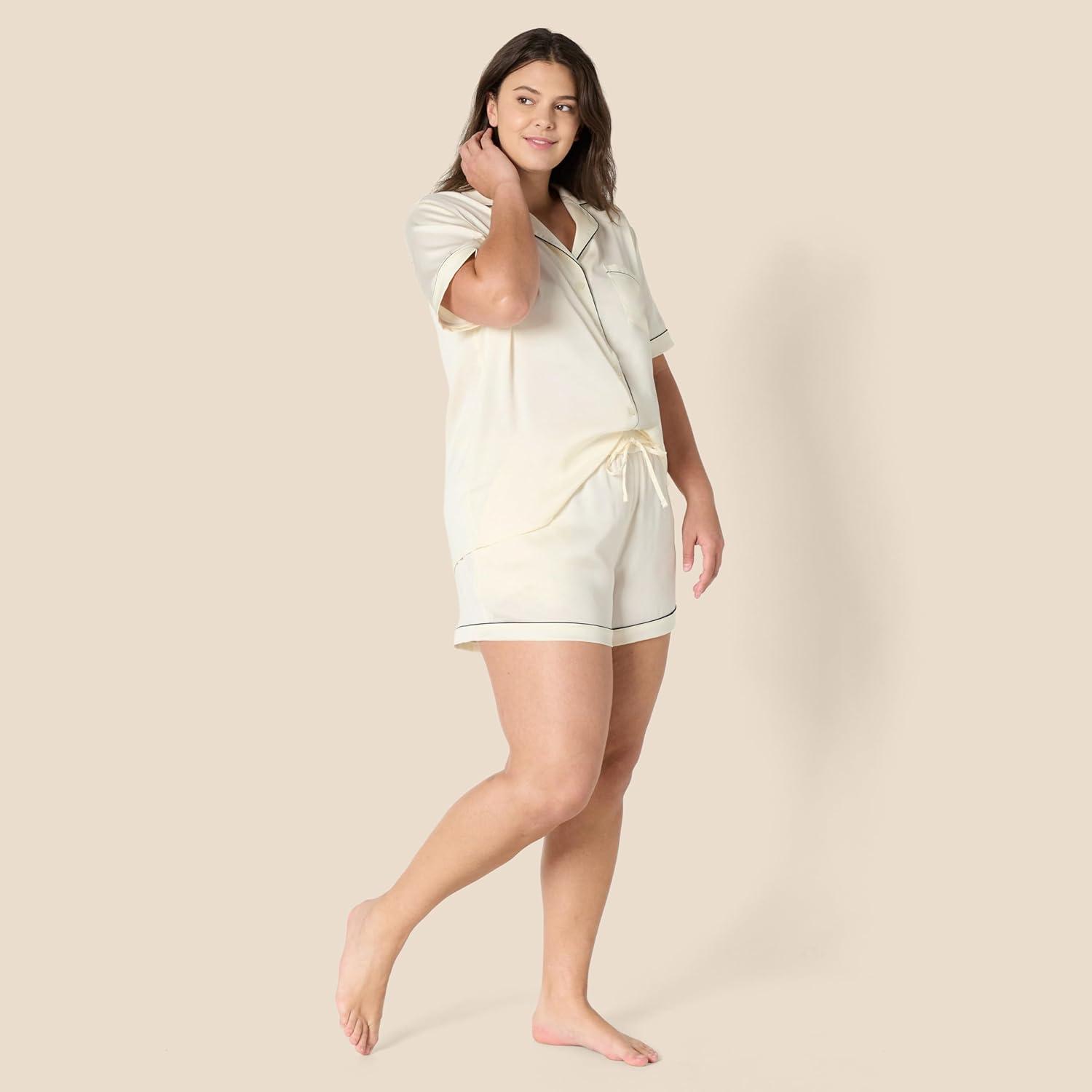 imageAmazon Essentials Womens Satin Short Sleeve ButtonDown Top and Short Sleepwear SetIvory