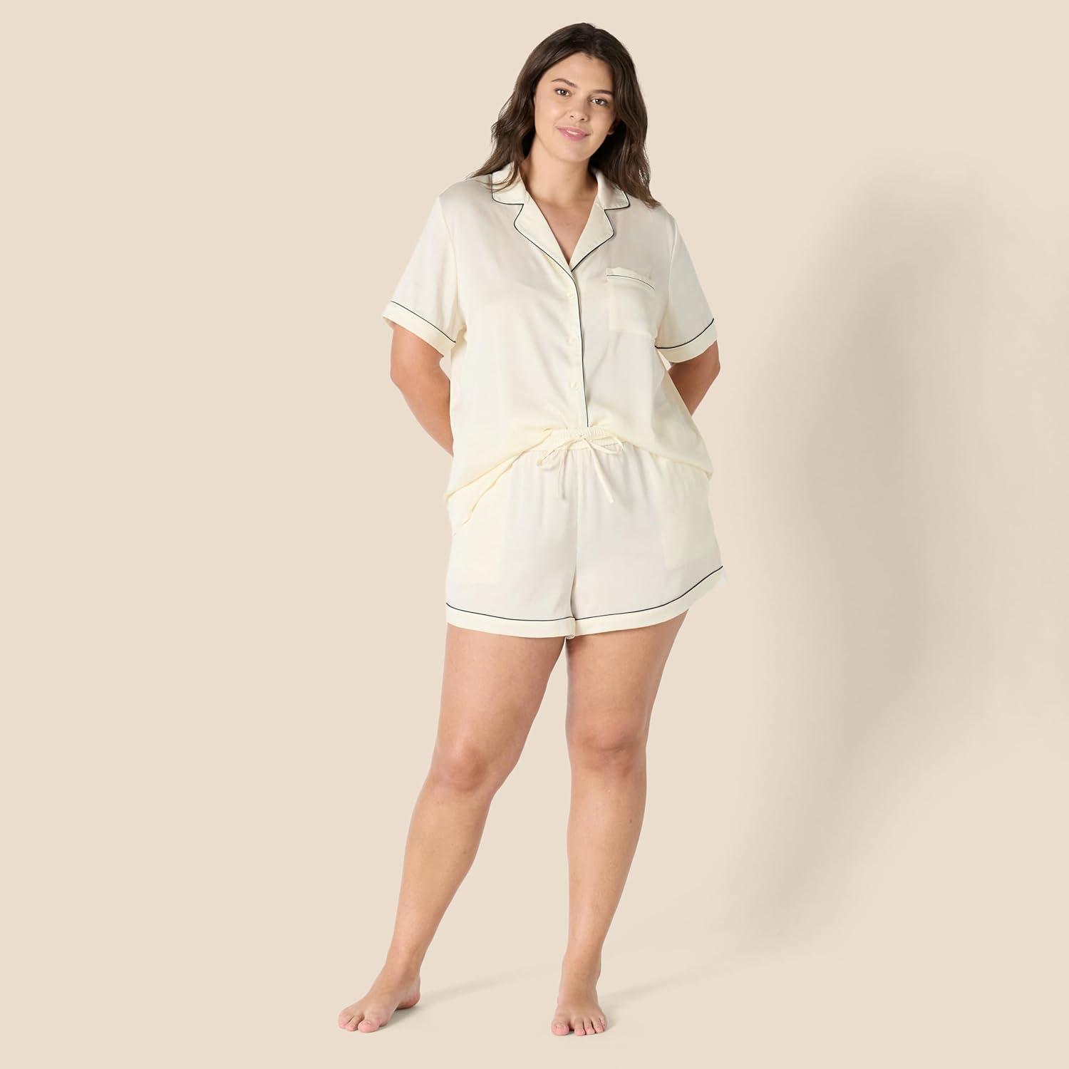 imageAmazon Essentials Womens Satin Short Sleeve ButtonDown Top and Short Sleepwear SetIvory