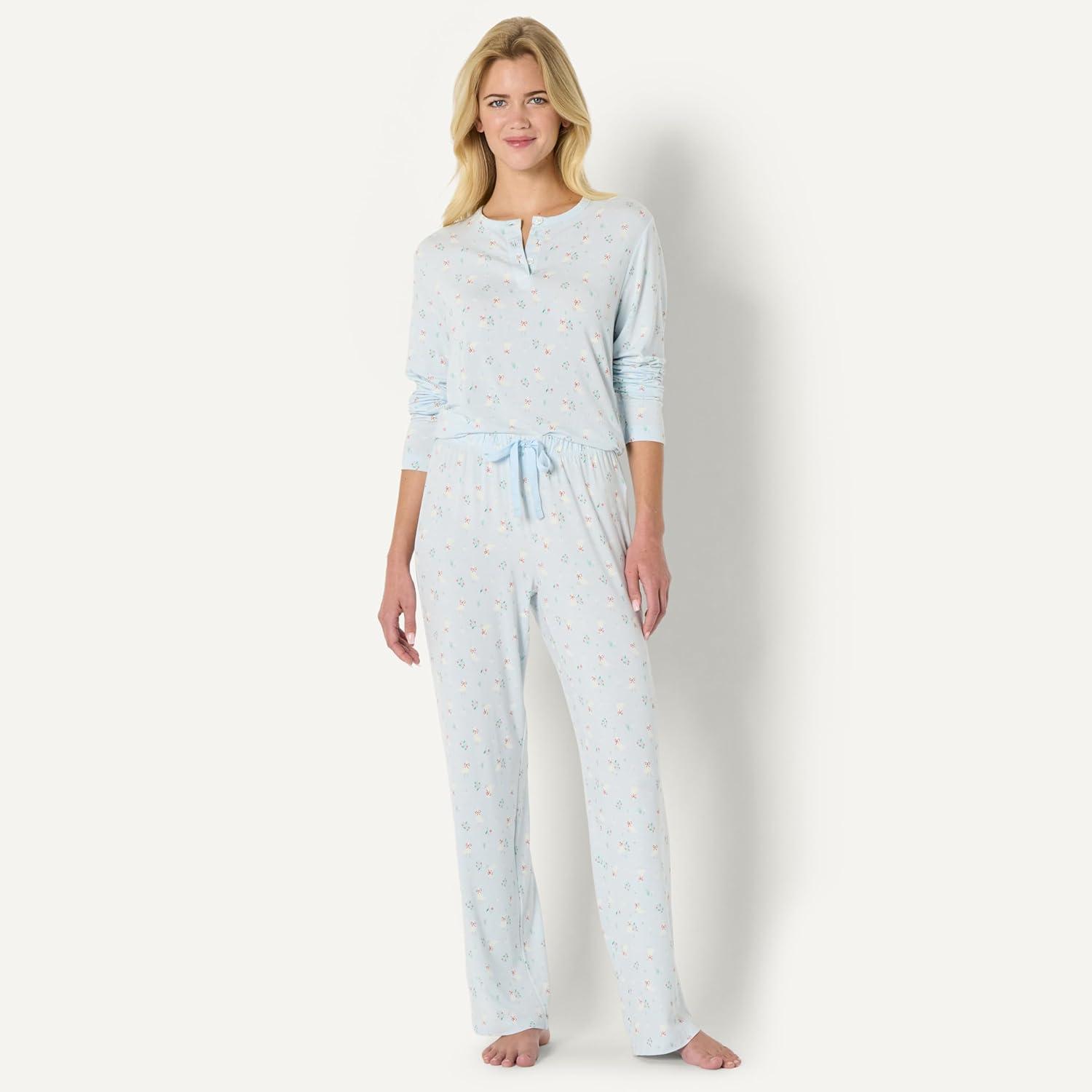 imageAmazon Essentials x Sofia Grainge Womens Long Sleeve Henley Pajama SetLight Blue Geese