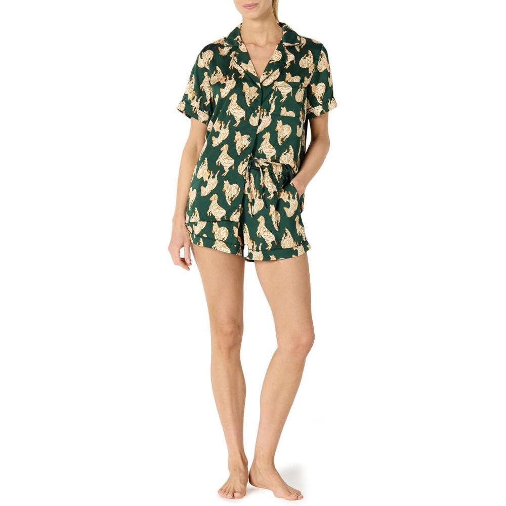 imageAmazon Essentials Womens Satin Short Sleeve ButtonDown Top and Short Sleepwear SetDark Green Beige Zebras