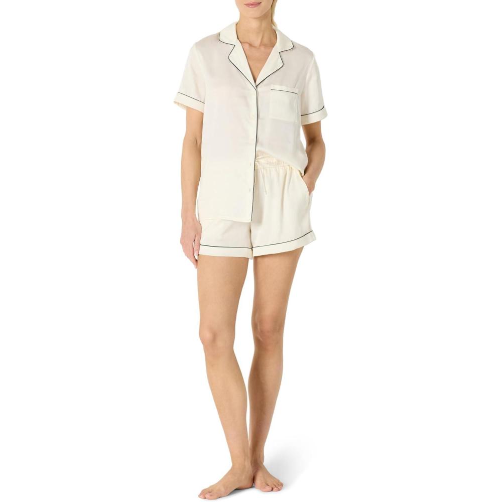 imageAmazon Essentials Womens Satin Short Sleeve ButtonDown Top and Short Sleepwear SetIvory