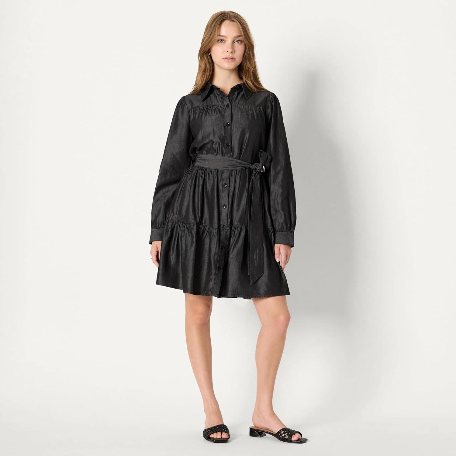 imageAmazon Essentials Womens Fit and Flare Denim Chambray LongSleeve Tiered ShirtdressBlack Wash