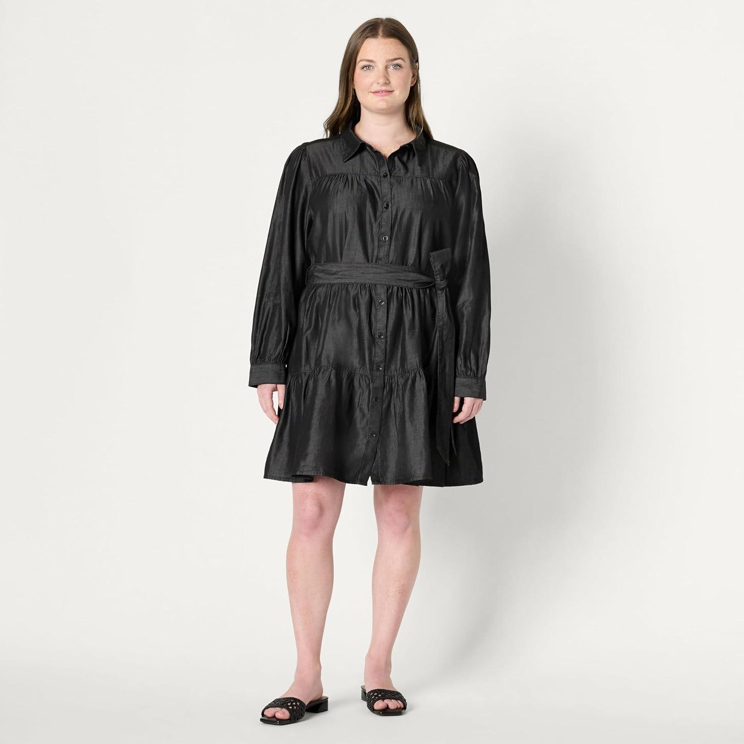 imageAmazon Essentials Womens Fit and Flare Denim Chambray LongSleeve Tiered ShirtdressBlack Wash