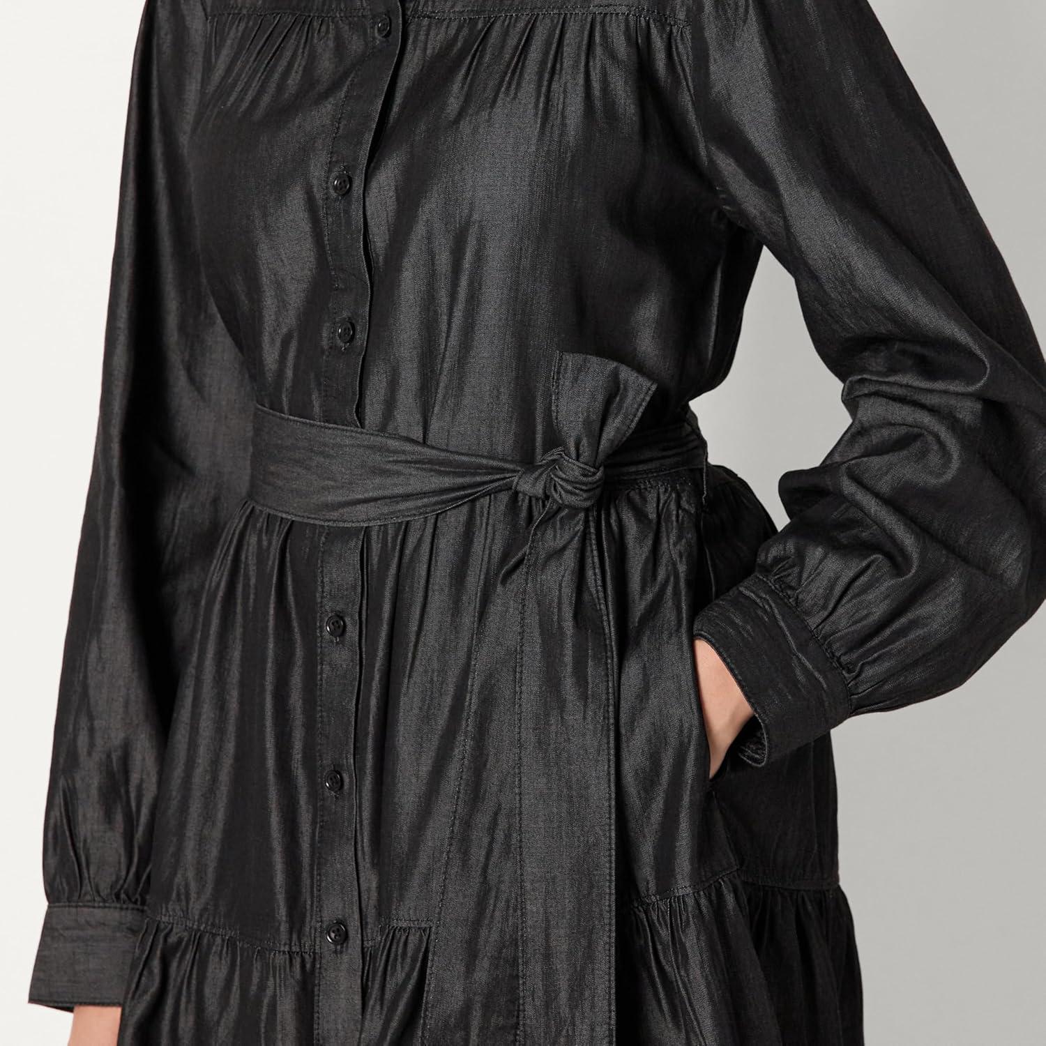 imageAmazon Essentials Womens Fit and Flare Denim Chambray LongSleeve Tiered ShirtdressBlack Wash