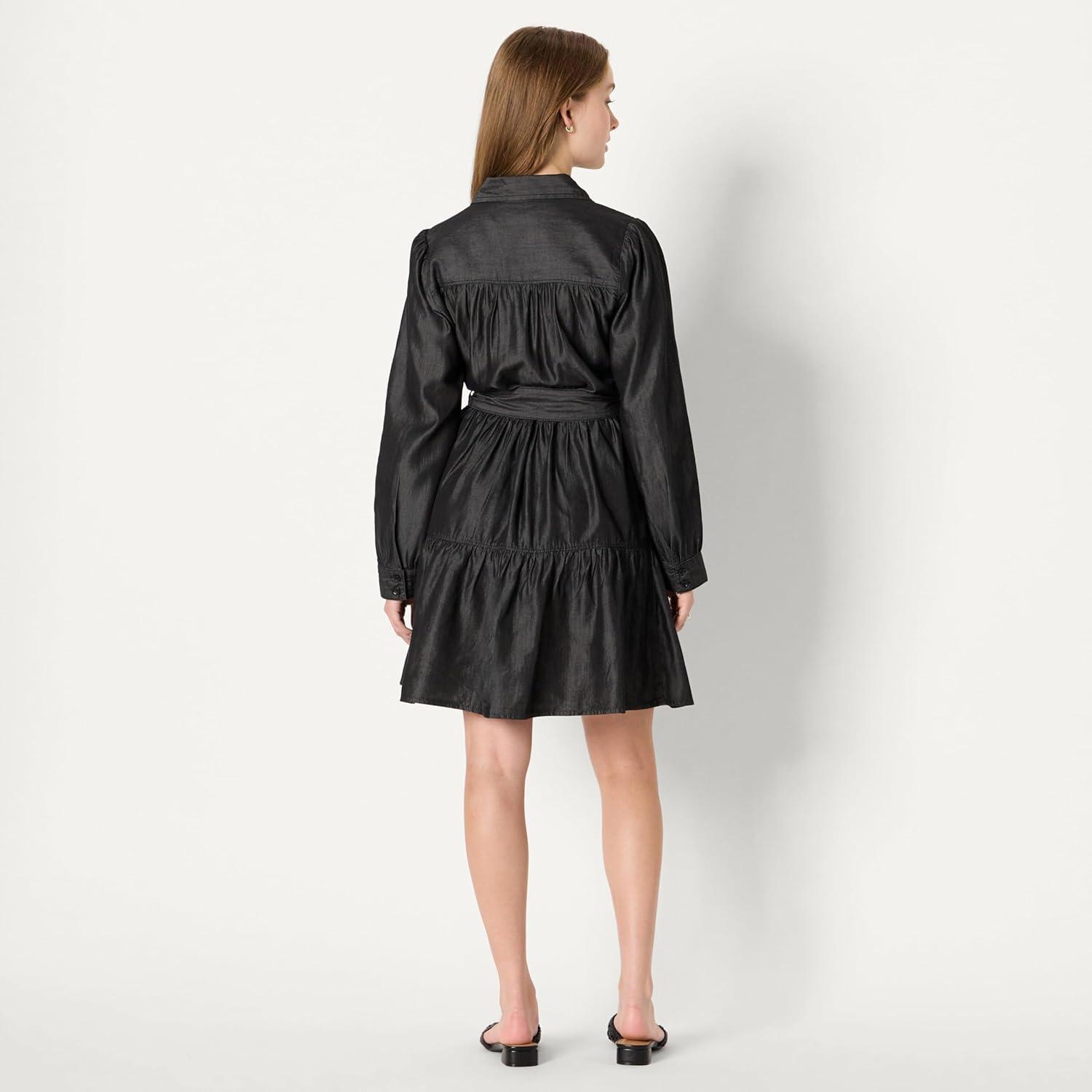 imageAmazon Essentials Womens Fit and Flare Denim Chambray LongSleeve Tiered ShirtdressBlack Wash