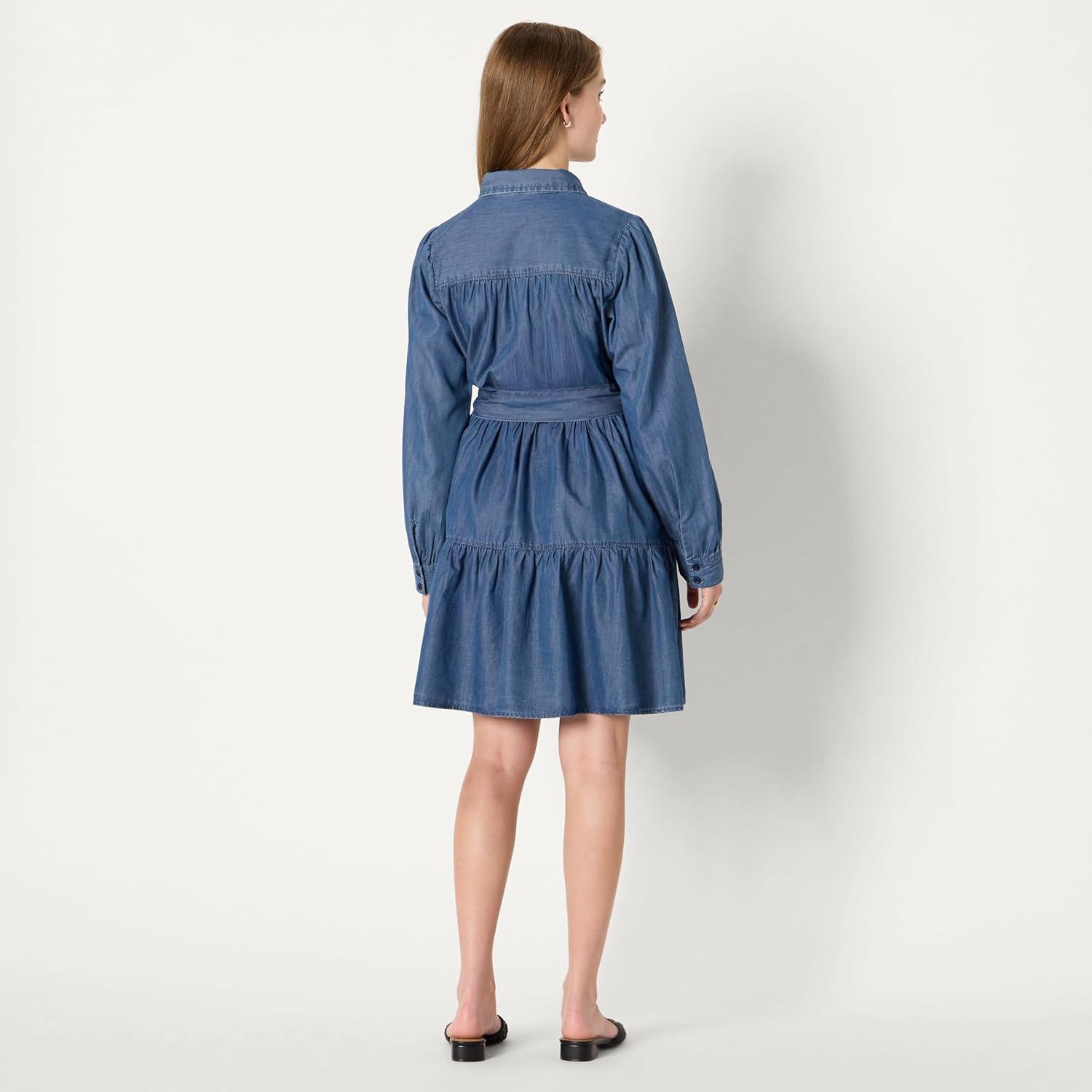 imageAmazon Essentials Womens Fit and Flare Denim Chambray LongSleeve Tiered ShirtdressClassic Medium Wash