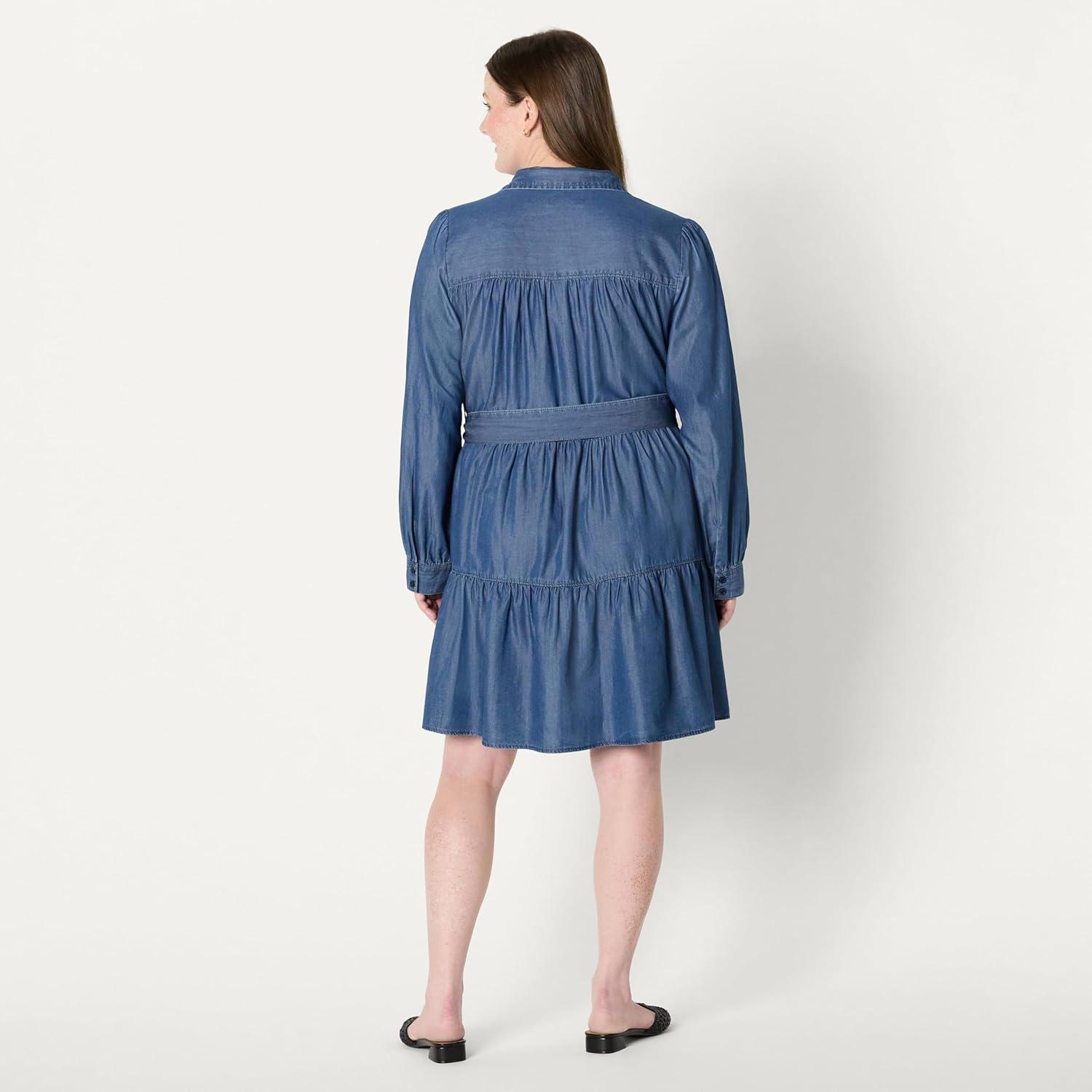 imageAmazon Essentials Womens Fit and Flare Denim Chambray LongSleeve Tiered ShirtdressClassic Medium Wash