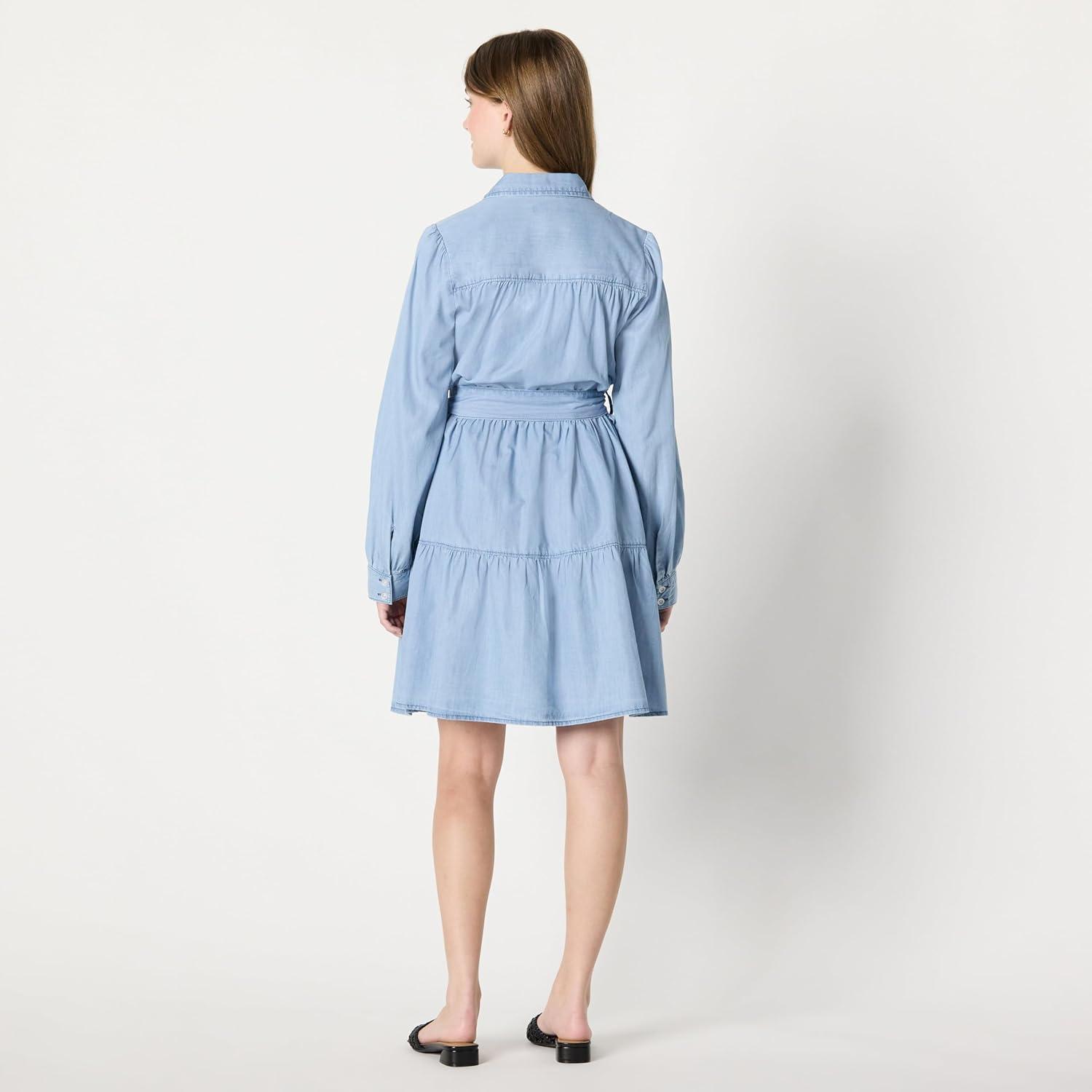 imageAmazon Essentials Womens Fit and Flare Denim Chambray LongSleeve Tiered ShirtdressIced Blue Light Wash