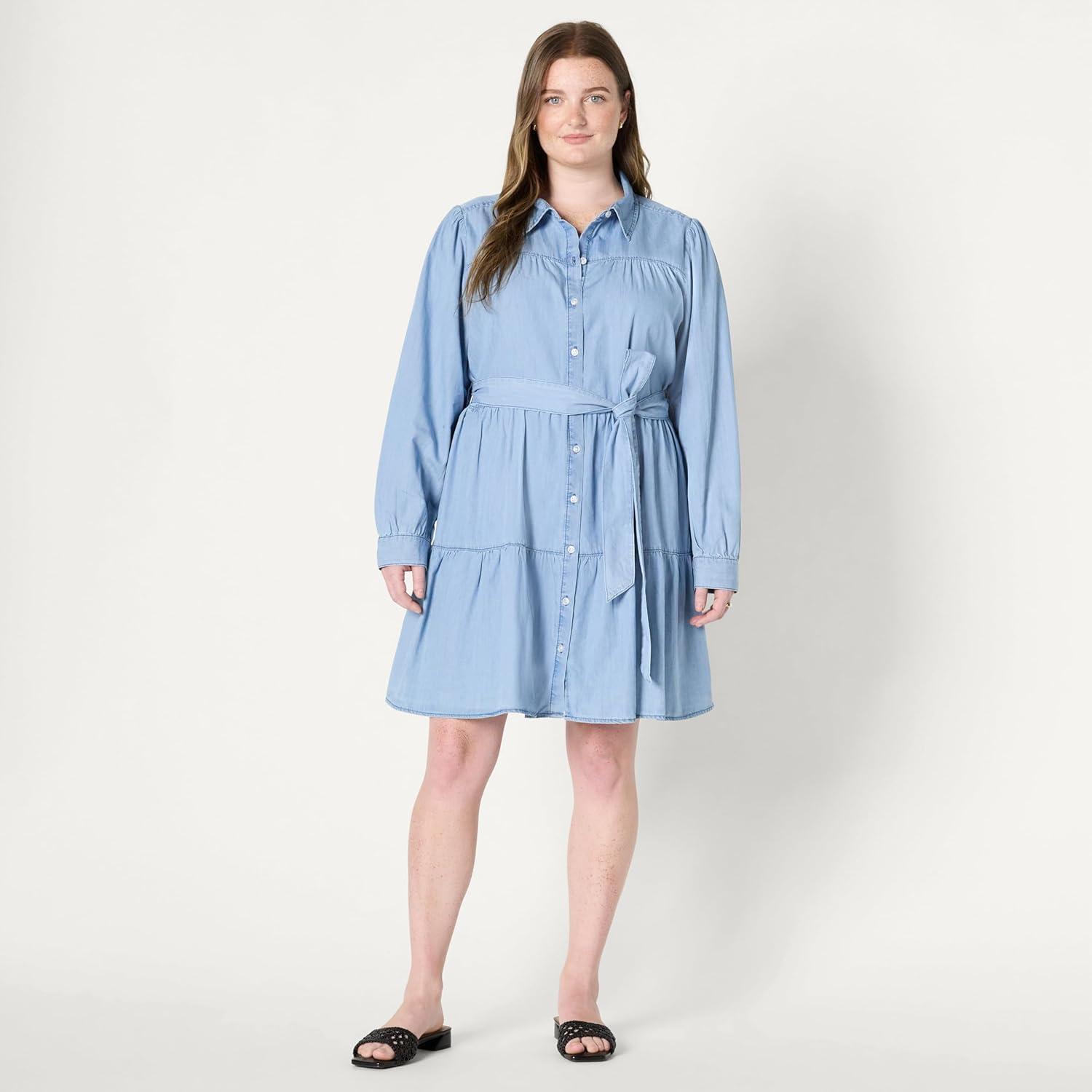imageAmazon Essentials Womens Fit and Flare Denim Chambray LongSleeve Tiered ShirtdressIced Blue Light Wash