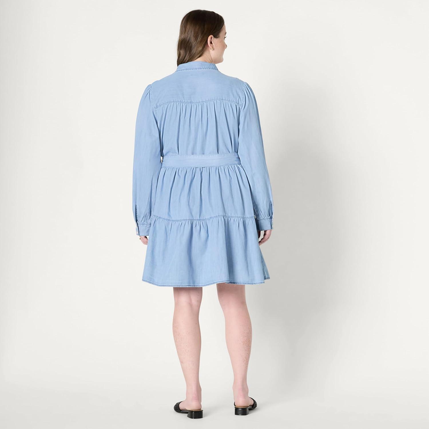 imageAmazon Essentials Womens Fit and Flare Denim Chambray LongSleeve Tiered ShirtdressIced Blue Light Wash