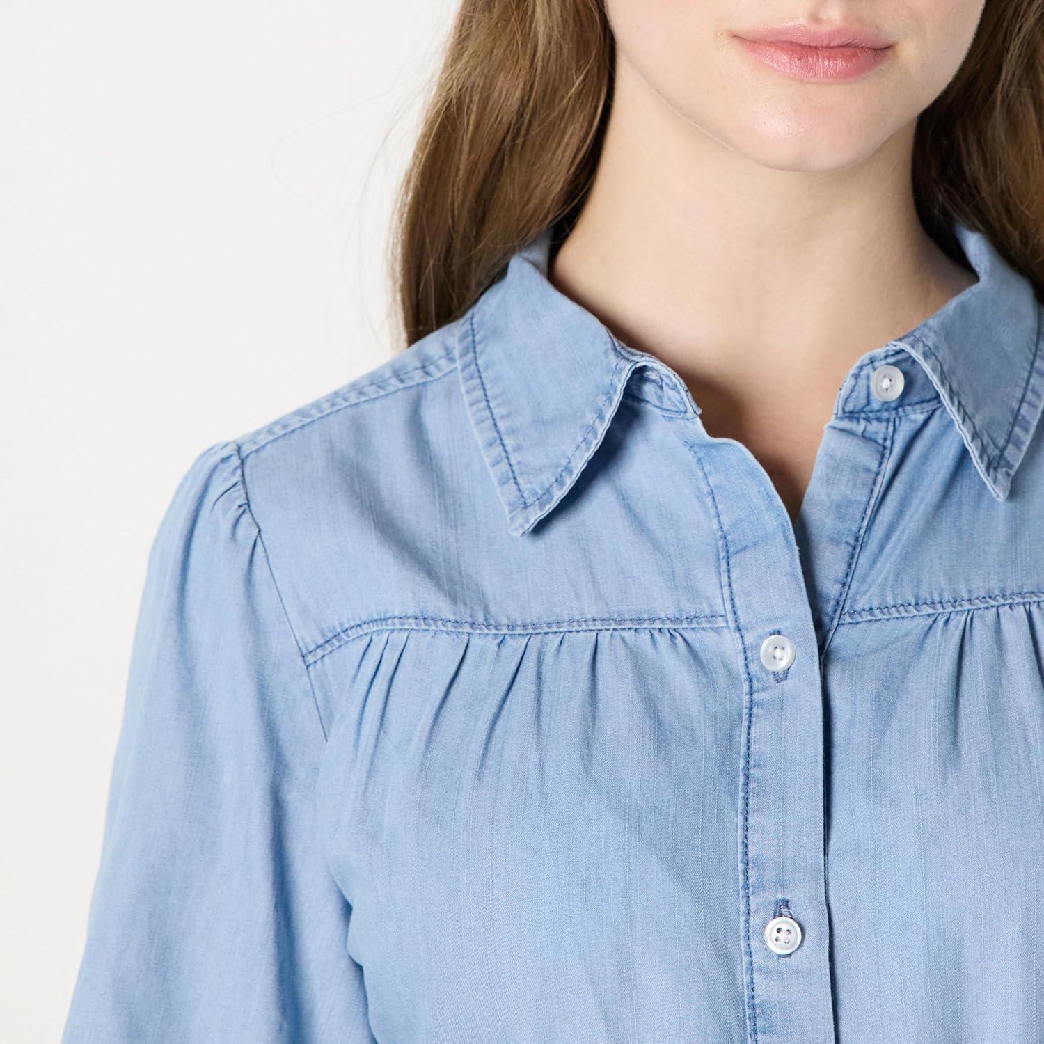 imageAmazon Essentials Womens Fit and Flare Denim Chambray LongSleeve Tiered ShirtdressIced Blue Light Wash