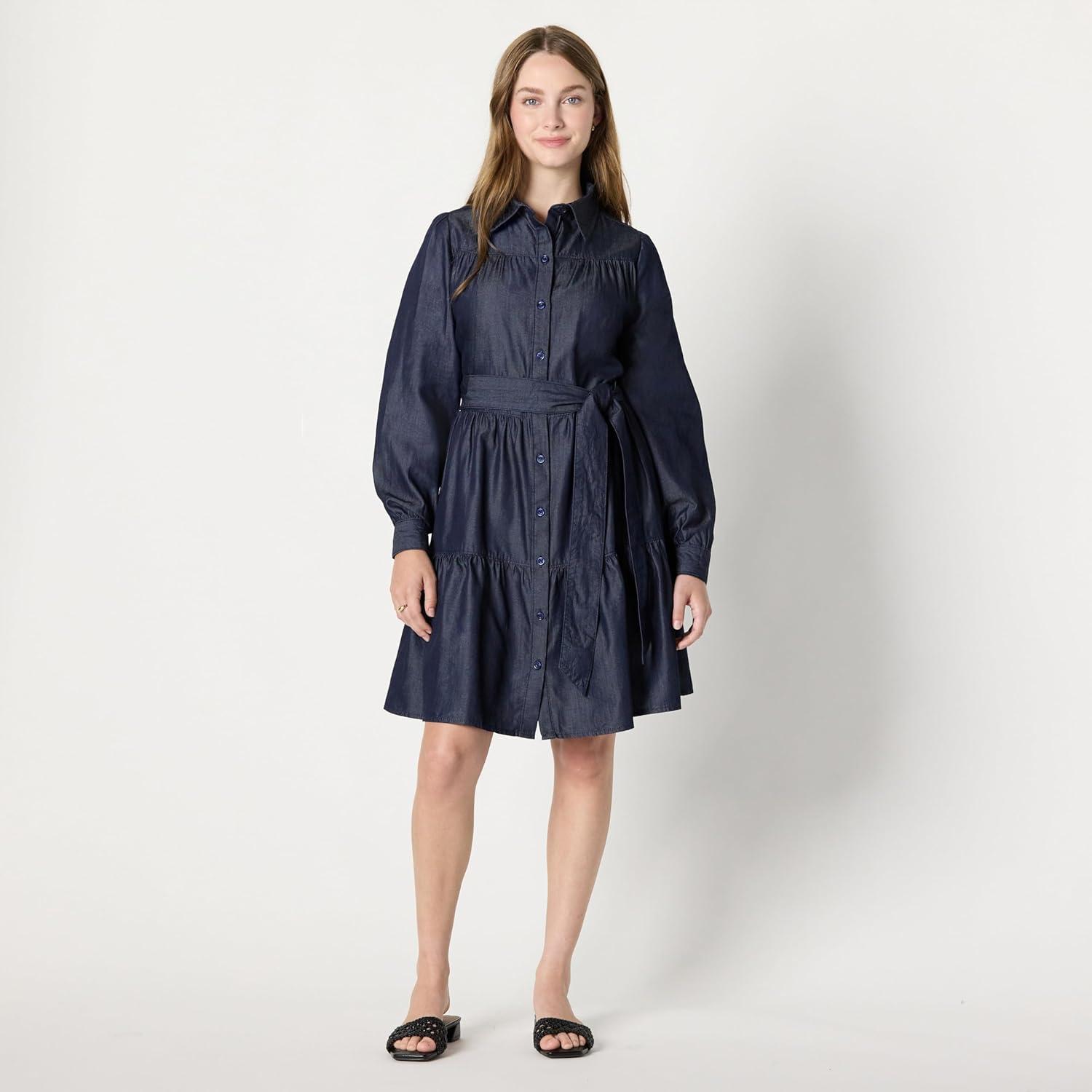 imageAmazon Essentials Womens Fit and Flare Denim Chambray LongSleeve Tiered ShirtdressRinse