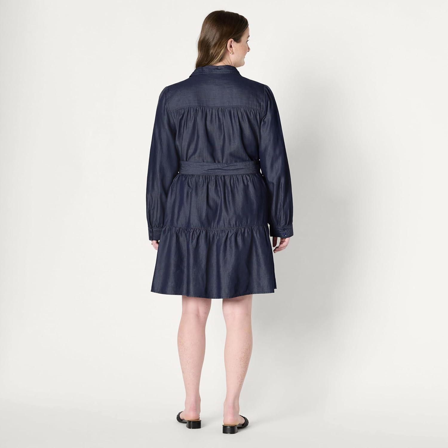 imageAmazon Essentials Womens Fit and Flare Denim Chambray LongSleeve Tiered ShirtdressRinse