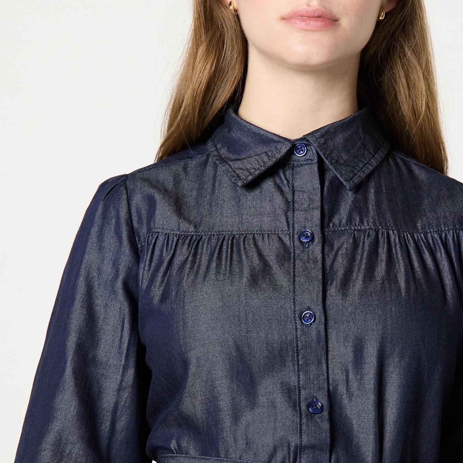 imageAmazon Essentials Womens Fit and Flare Denim Chambray LongSleeve Tiered ShirtdressRinse