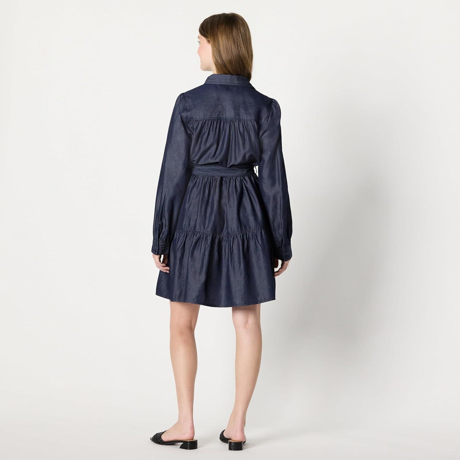 imageAmazon Essentials Womens Fit and Flare Denim Chambray LongSleeve Tiered ShirtdressRinse