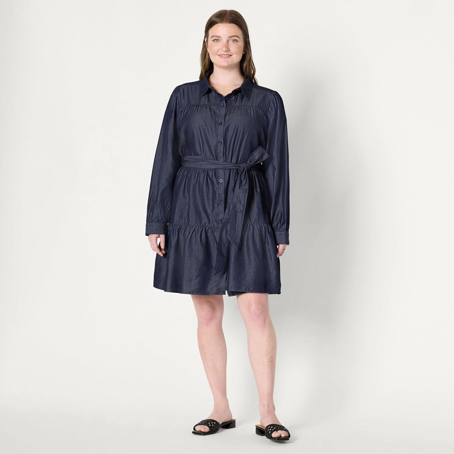 imageAmazon Essentials Womens Fit and Flare Denim Chambray LongSleeve Tiered ShirtdressRinse