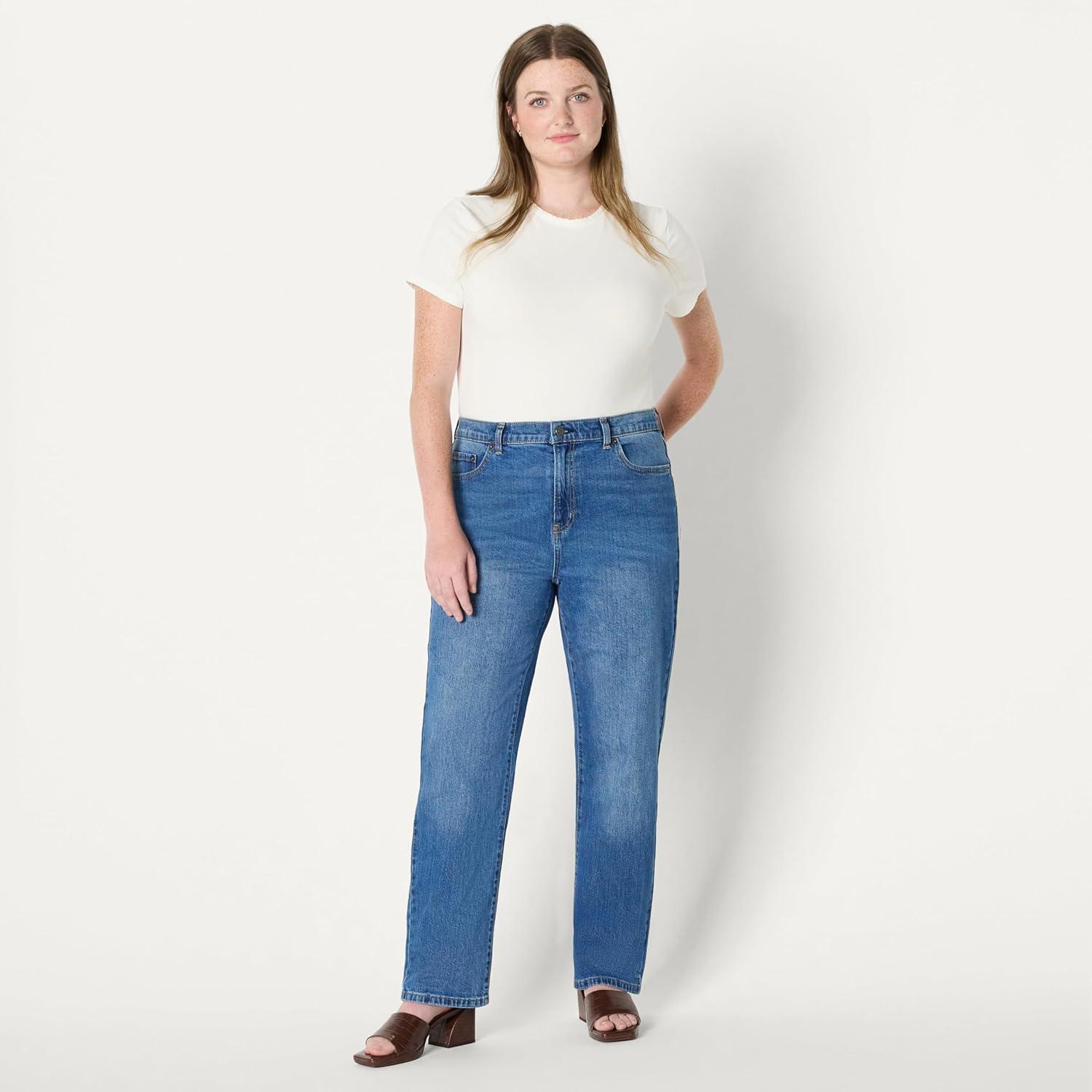 imageAmazon Essentials Womens HighRise Straight Leg JeanMedium Blue