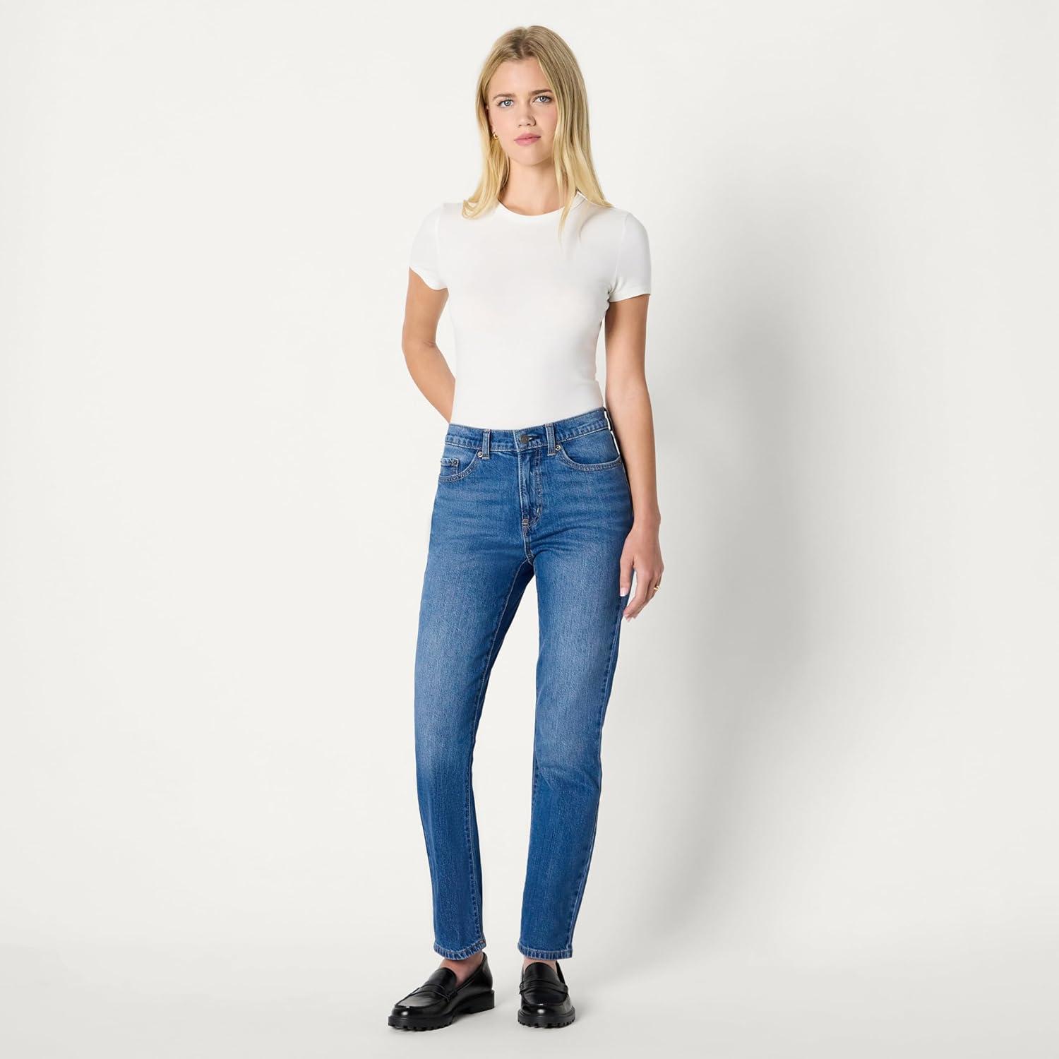 imageAmazon Essentials Womens HighRise Straight Leg JeanMedium Blue